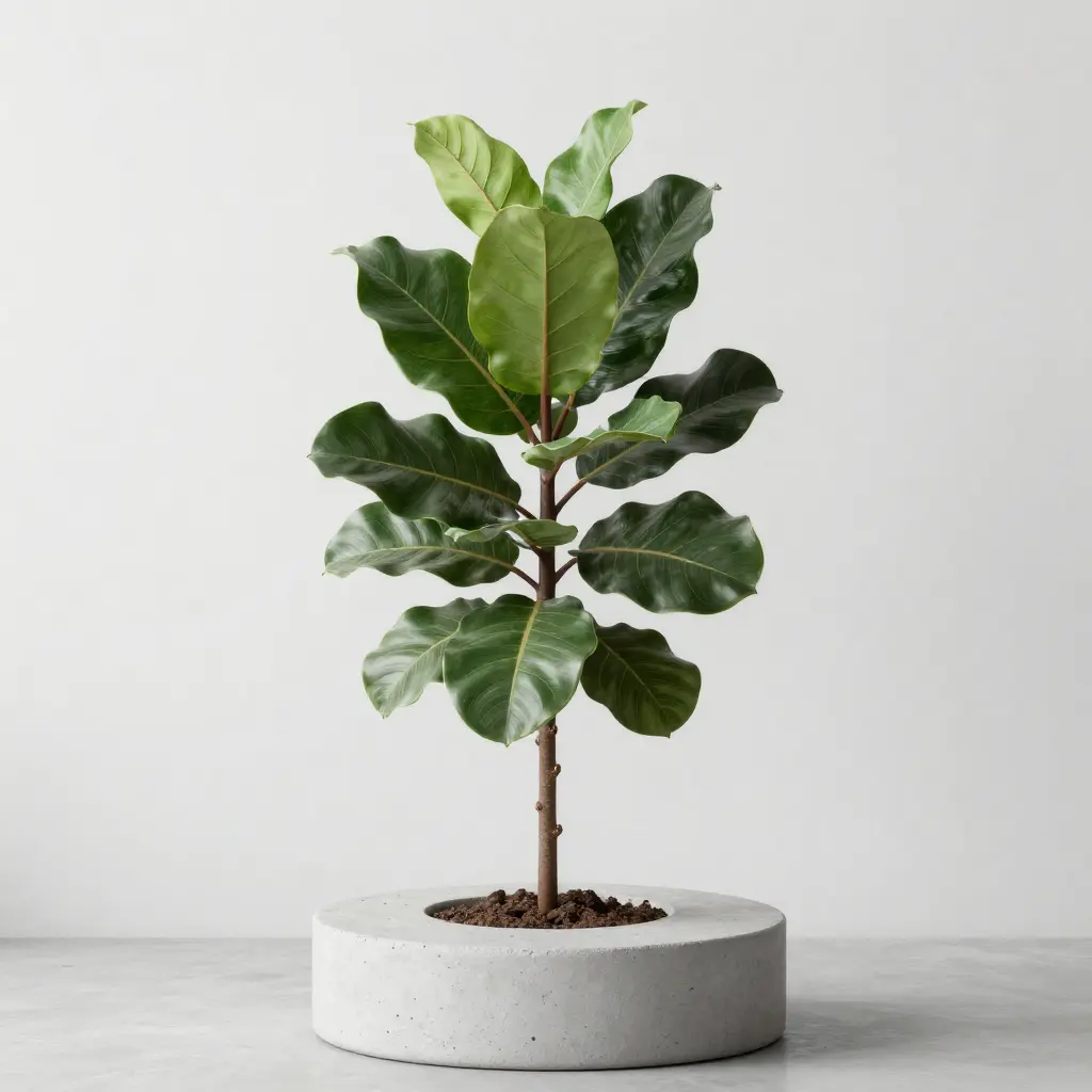 Large Ficus Elastica on minimalist concrete pedestal