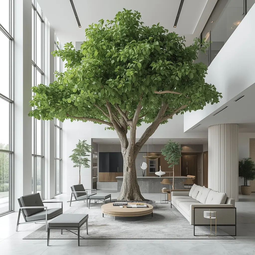 Large indoor tree in contemporary setting